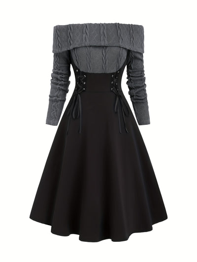 Elite Attire Off-Shoulder Lace-Up Black Midi Dress