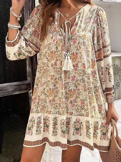 ELITE ATTIRE Boho Lace-Up Long Sleeve Loose Dress