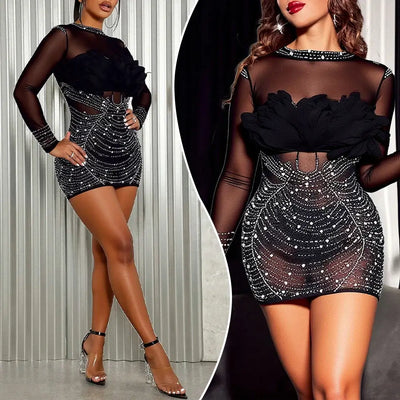 ELITE ATTIRE 2025 Black Rhinestone Mini Dress