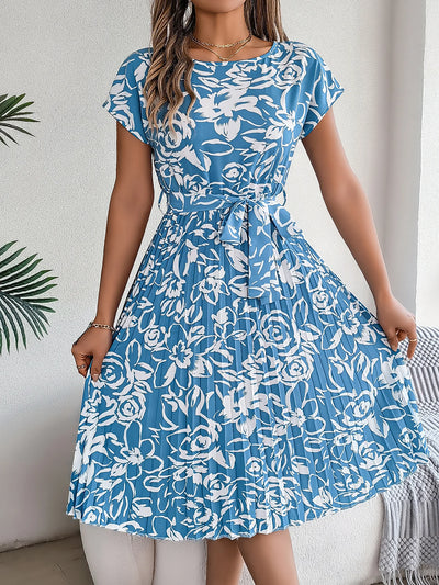 ELITE ATTIRE Floral Print Belted Short Sleeve Dress