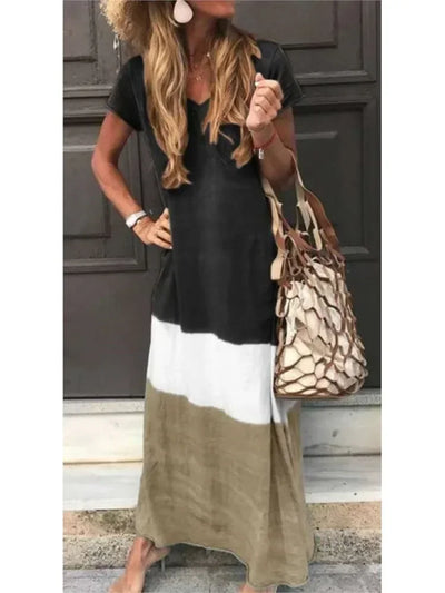 ELITE ATTIRE Summer Loose V-Neck Contrast Maxi Dress
