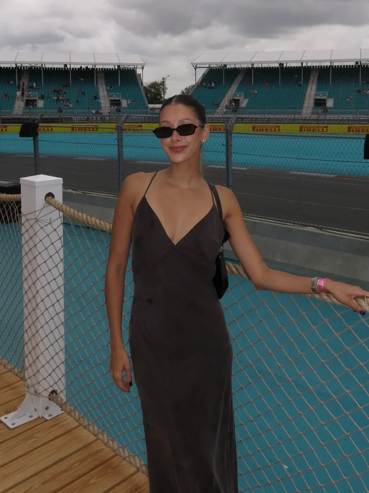 Brown Backless Sling Dress