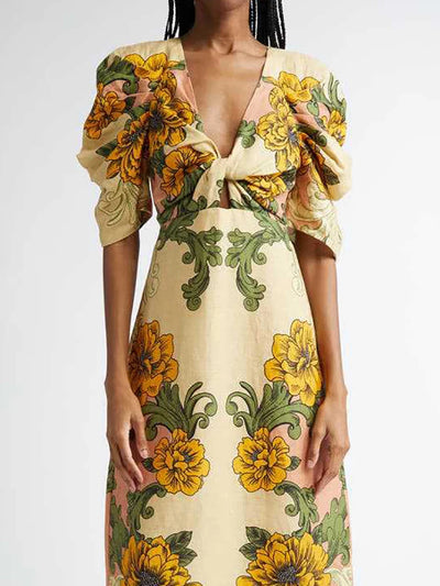 ELITE ATTIRE Retro Deep V-Neck Puff Sleeve Beach Dress