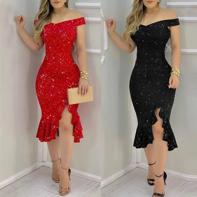 ELITE ATTIRE Off-Shoulder Glitter Ruffle Party Dress