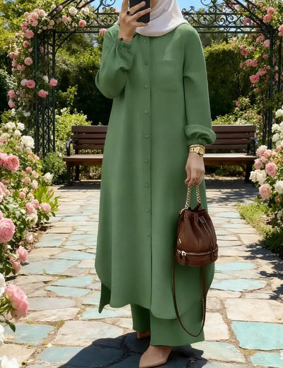 ELITE ATTIRE Muslim 2-Piece Button-Up Blouse Set