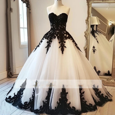 ELITE ATTIRE White & Black Gothic Lace Wedding Gown