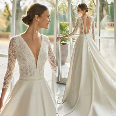ELITE ATTIRE Elegant V-Neck Backless Wedding Gown