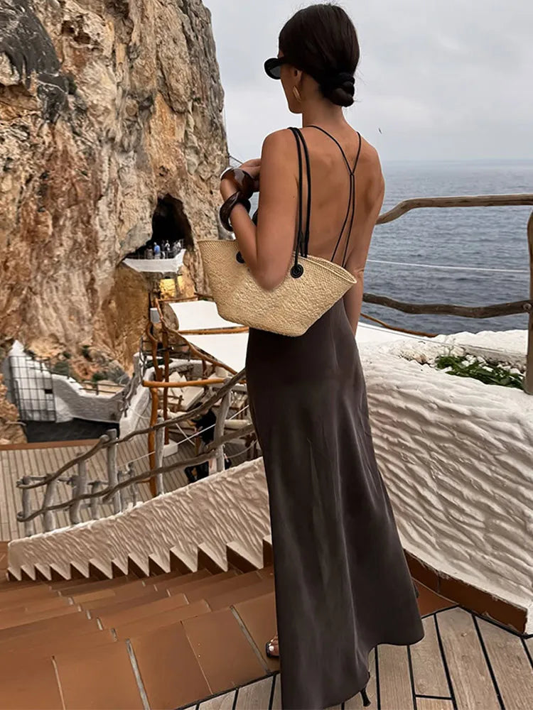 Brown Backless Sling Dress