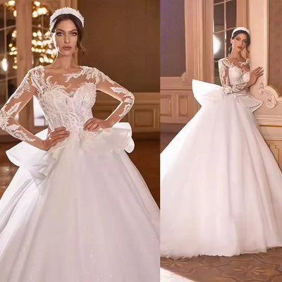 ELITE ATTIRE Lace Applique Long-Sleeve Wedding Gown