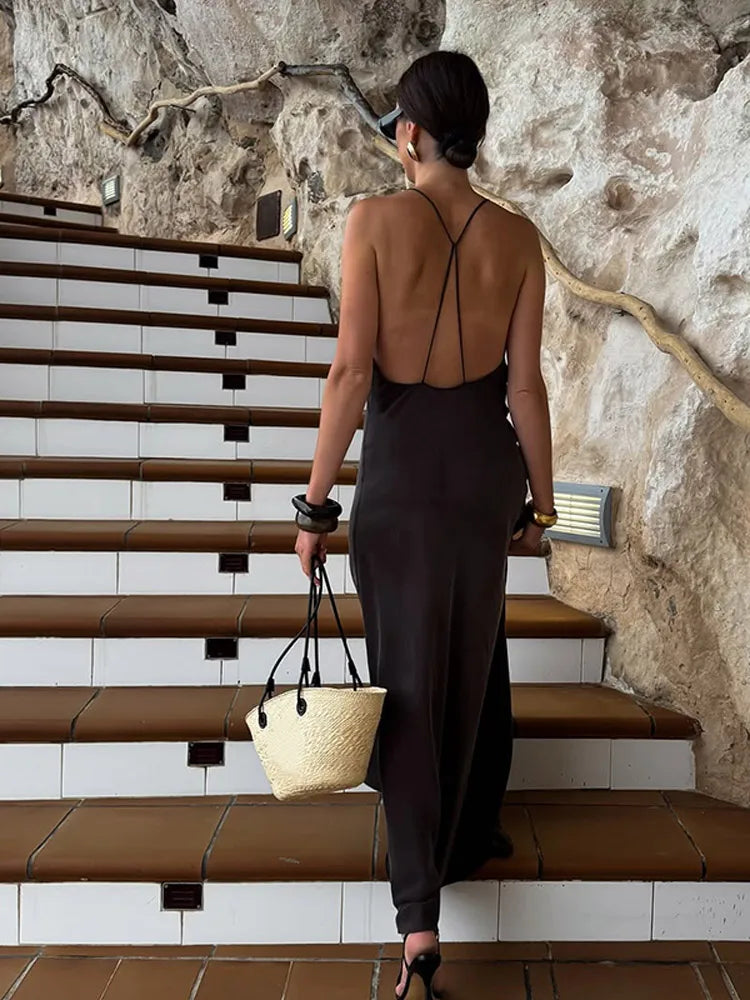 Brown Backless Sling Dress