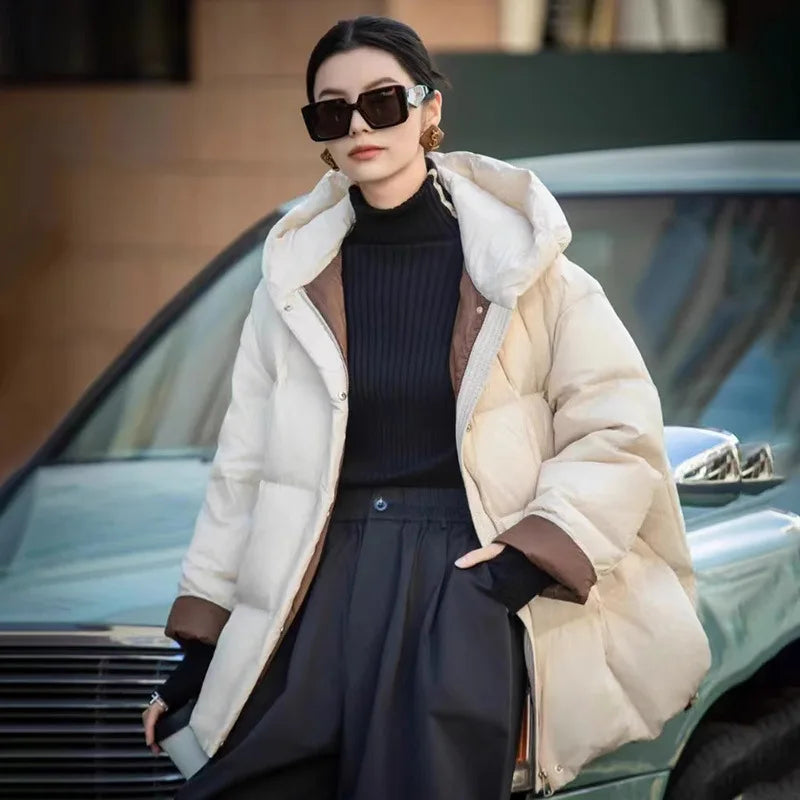 Elite Attire Color-Block Hooded Thick Down Jacket