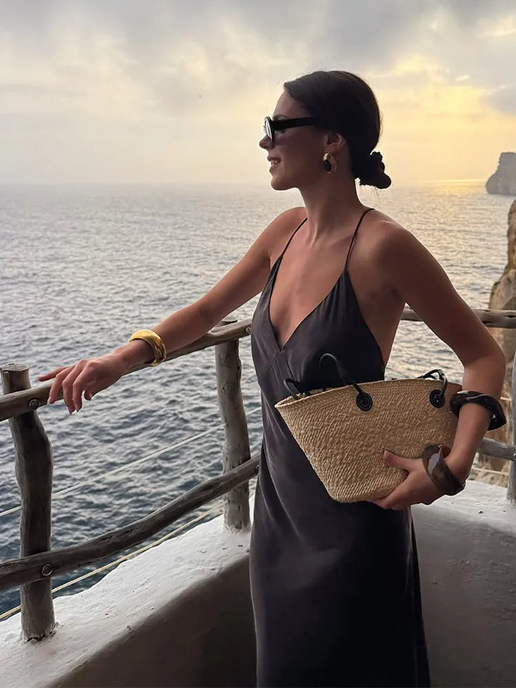 Brown Backless Sling Dress