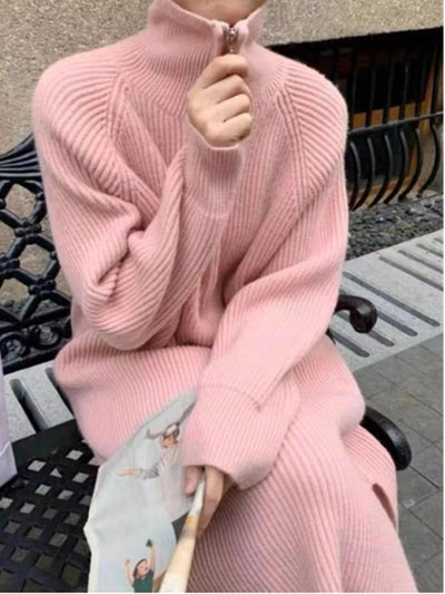 Elite Attire Soft Pink V-Neck Winter Sweater Dress